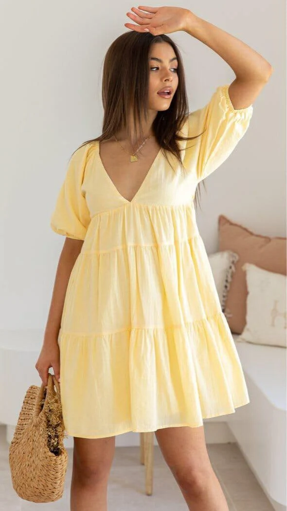 Robe Manches Bouffantes Jaune - Hermine