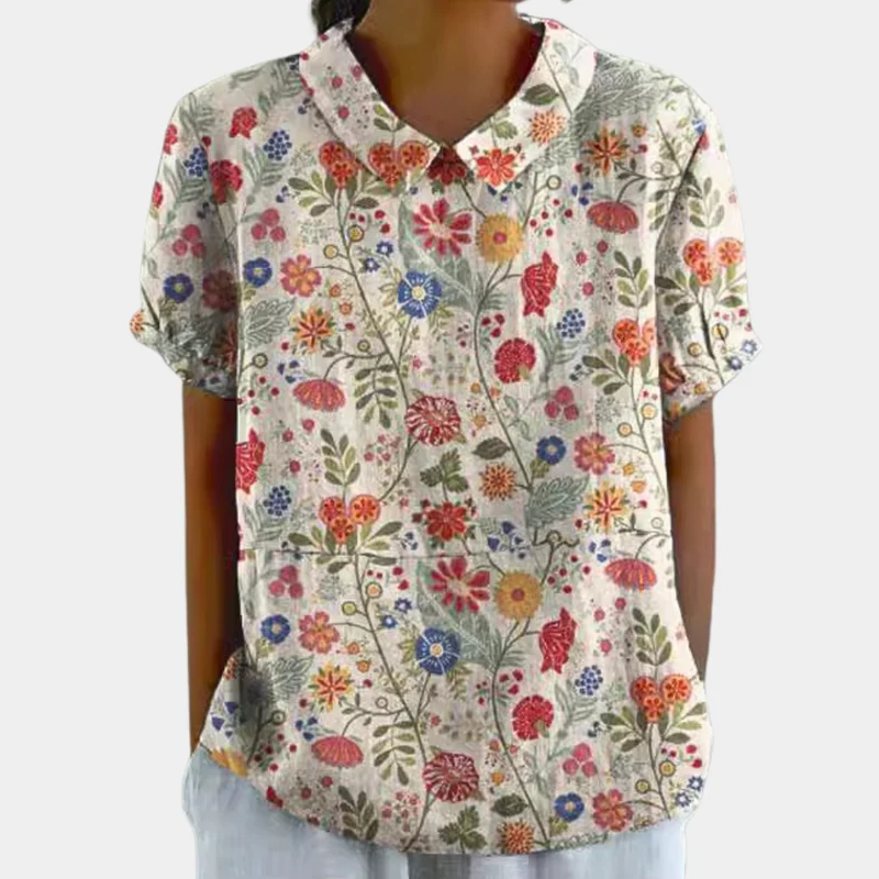 Bruna Blouse Femme – Haut Décontracté à Manches Courtes avec Imprimé Fleuri Pastoral & Col Rond
