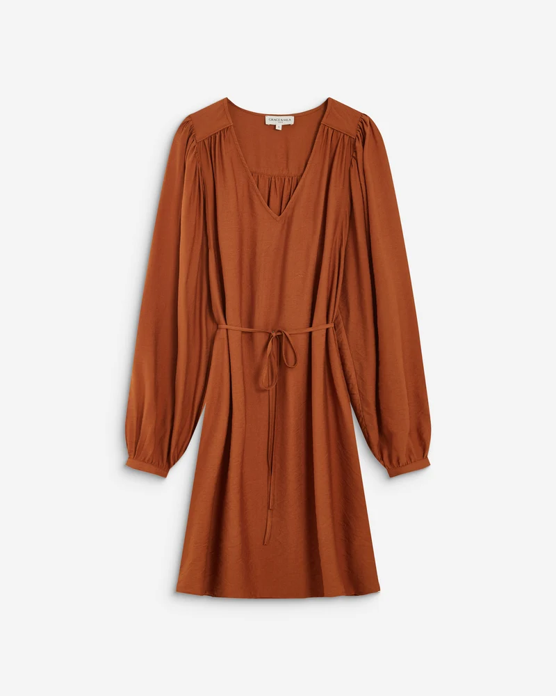 Robe courte col V manches bouffantes camel Alienor