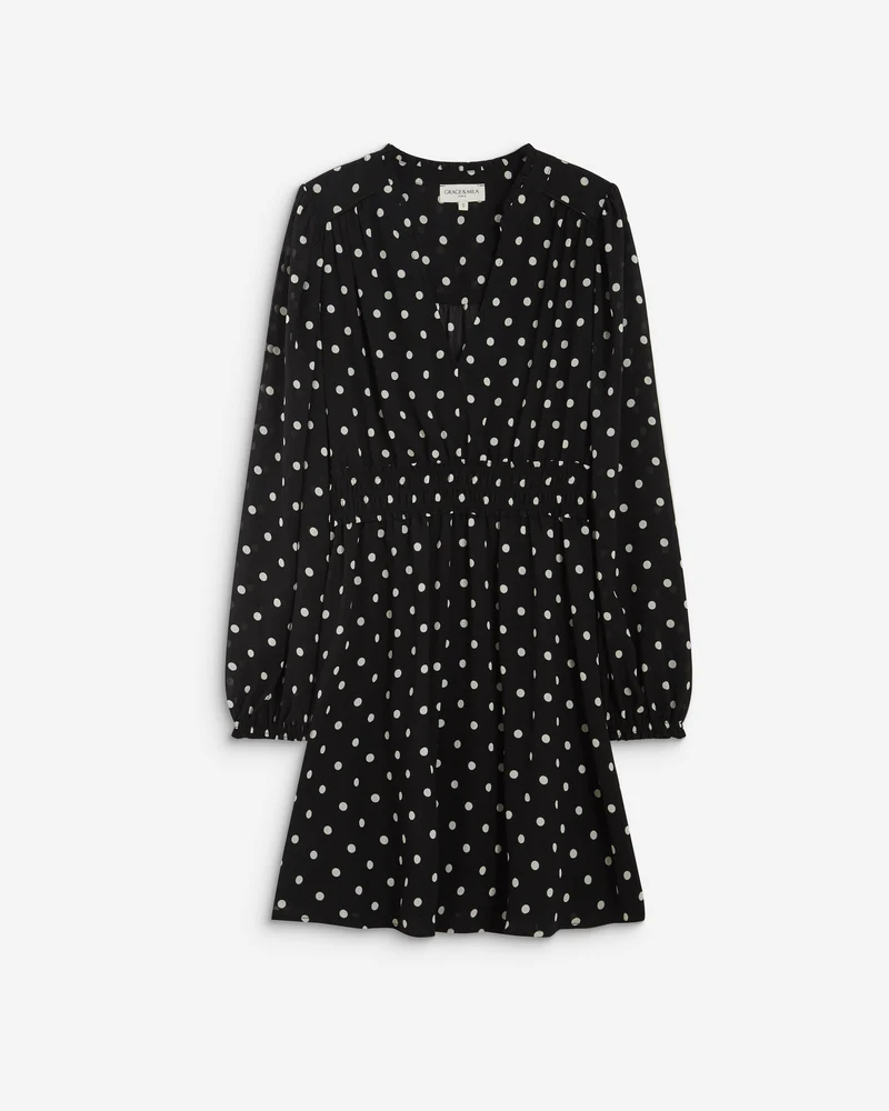 Robe courte fluide manches longues bouffantes pois Ailona
