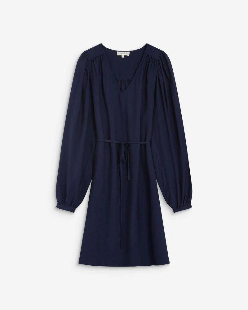 Robe courte col V manches bouffantes marine Alienor