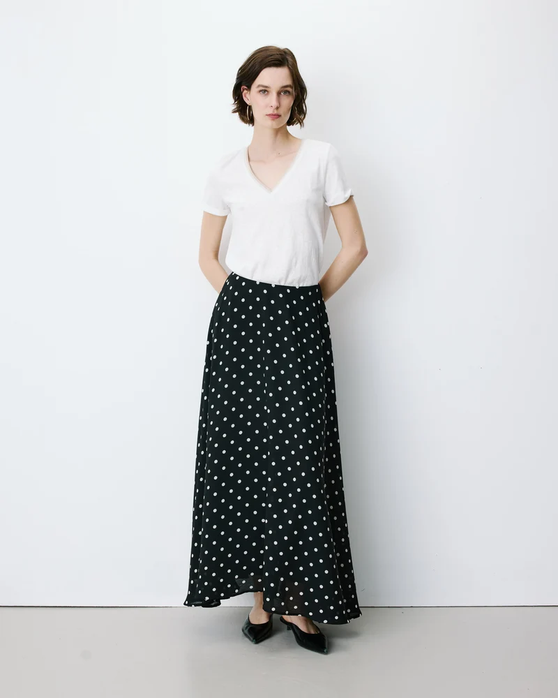 Jupe longue trapèze taille haute pois Analia