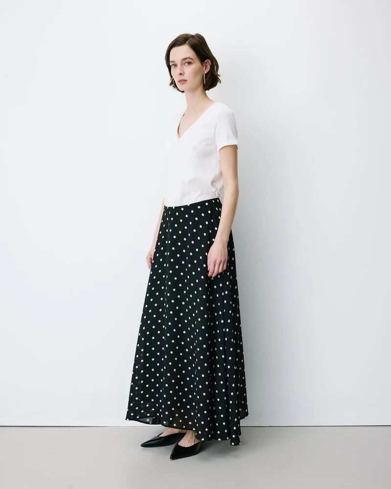 Jupe longue trapèze taille haute pois Analia