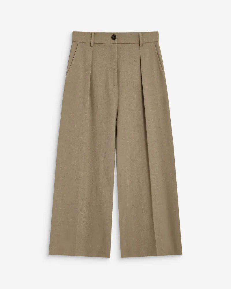 Pantalon tailleur court large à plis beige Atlantis