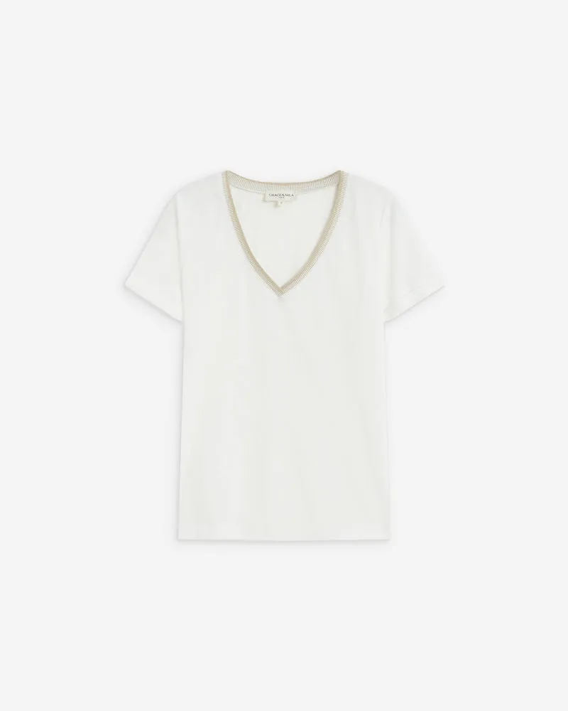 T-shirt manches courtes col V contrasté ivoire Aurelien