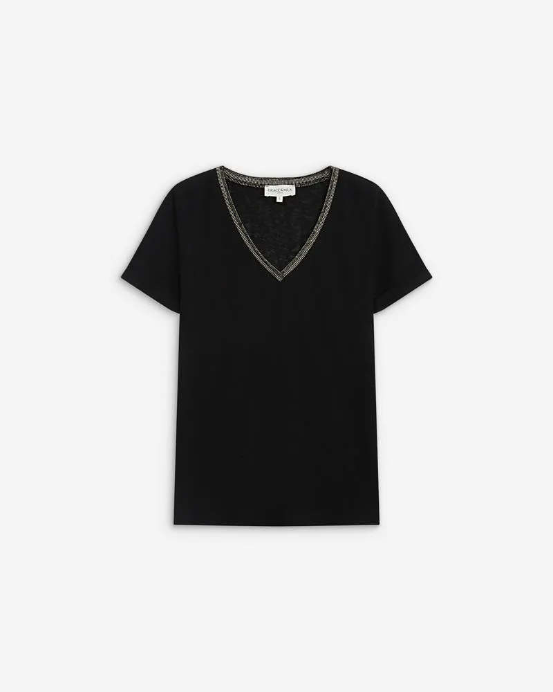 T-shirt manches courtes col V contrasté noir Aurelien