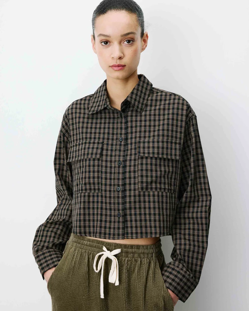 Chemise courte oversize en coton à carreaux noir Azelle