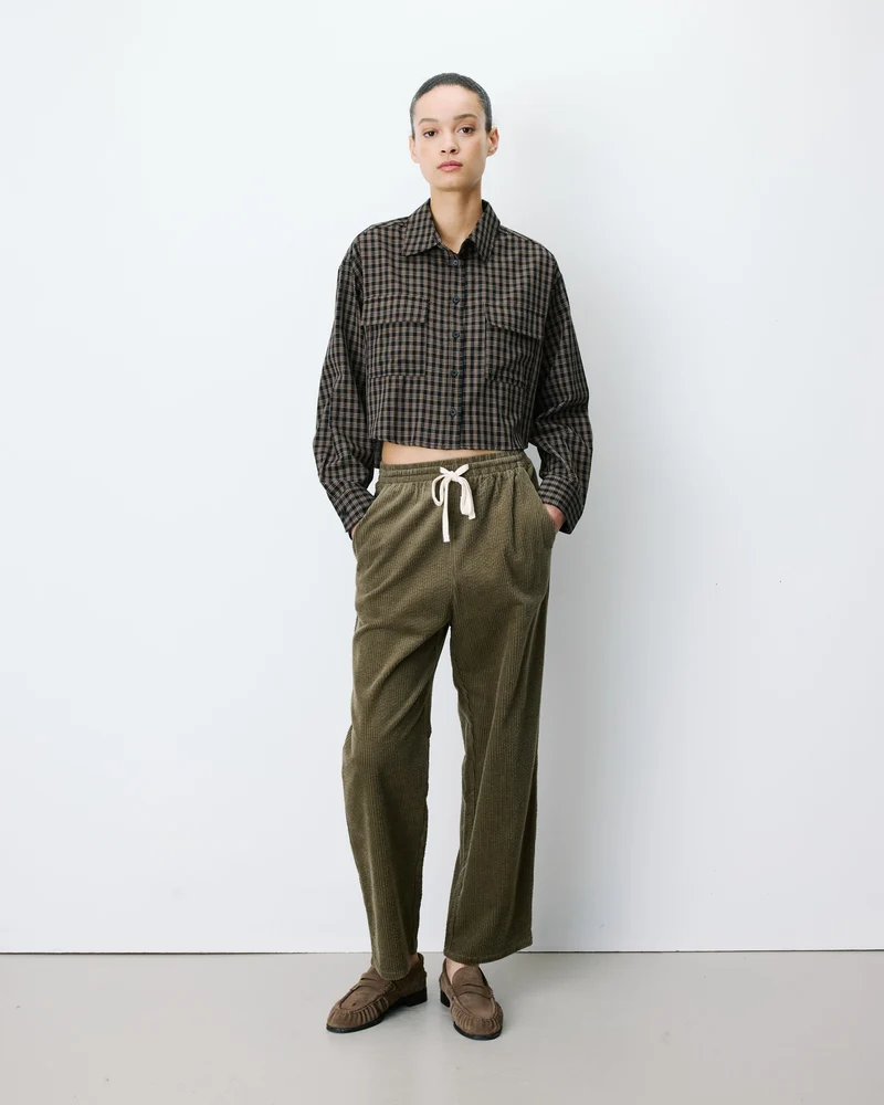 Chemise courte oversize en coton à carreaux noir Azelle