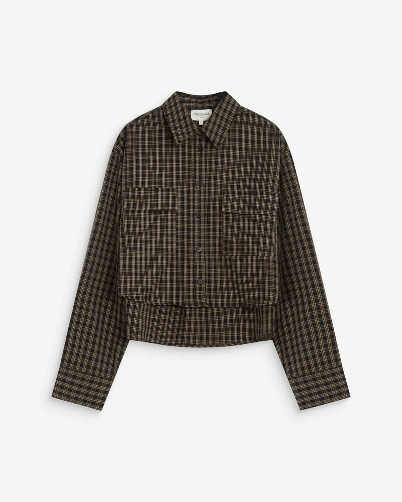 Chemise courte oversize en coton à carreaux noir Azelle