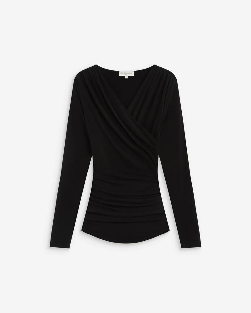 Top froncé col V croisé manches longues noir Azul
