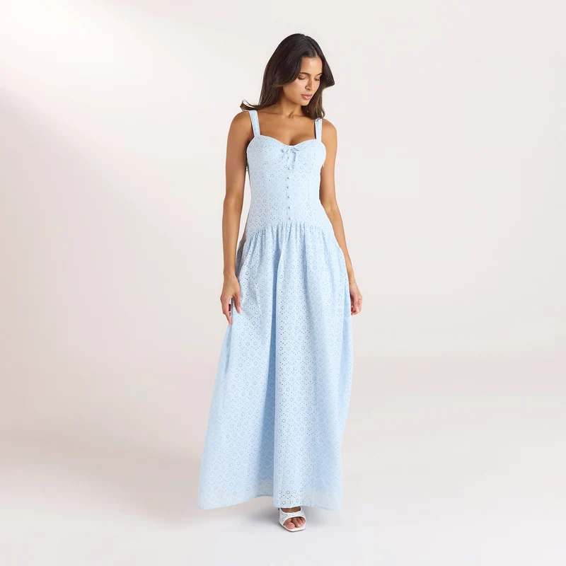 Robe Maxi en Broderie - Bleu