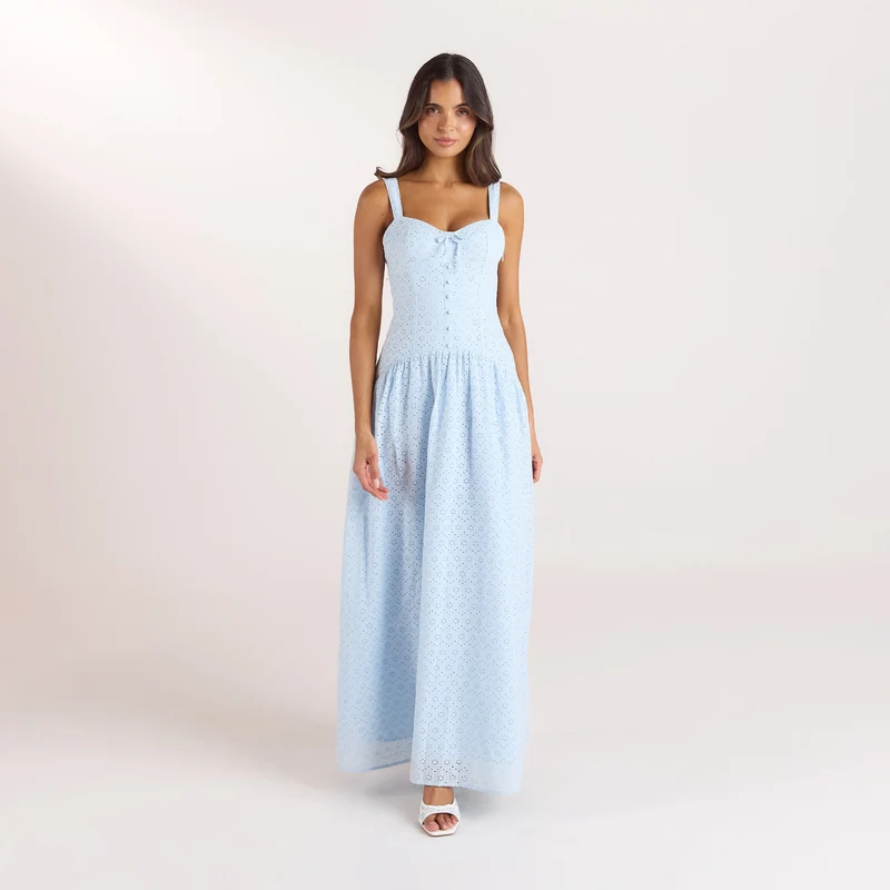 Robe Maxi en Broderie - Bleu