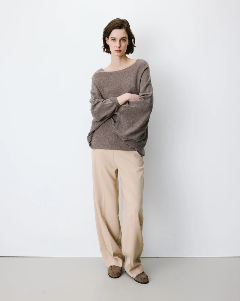 Pull poncho col bateau manches larges taupe Adela