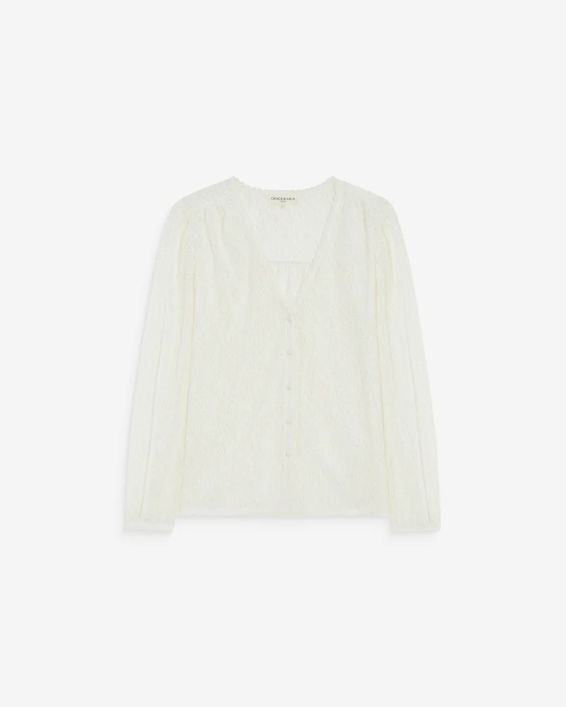 Blouse en dentelle col V manches longues ivoire Aurora