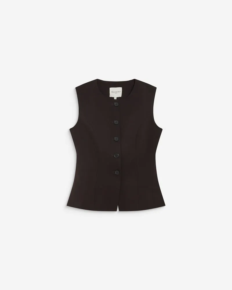 Gilet tailleur col rond boutonné chocolat Aristide