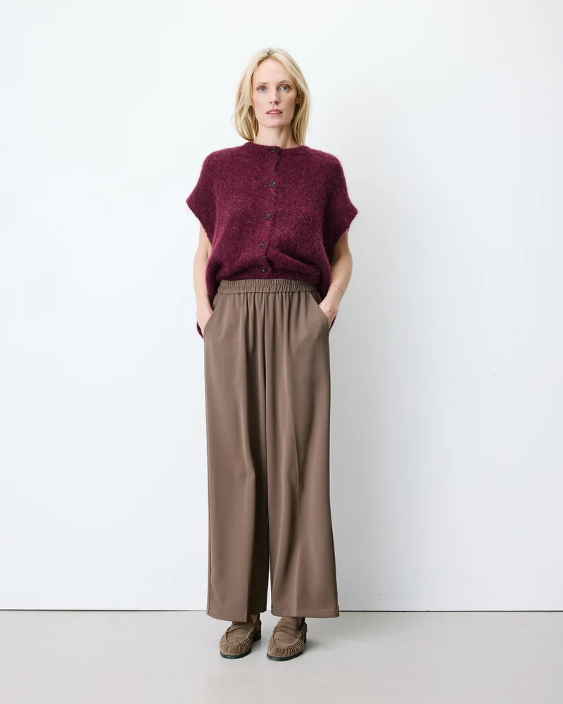 Pantalon fluide jambe large taille mi-haute taupe Noblesse