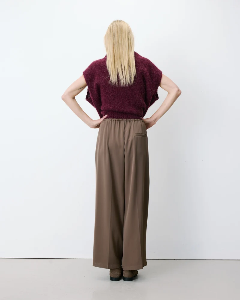 Pantalon fluide jambe large taille mi-haute taupe Noblesse