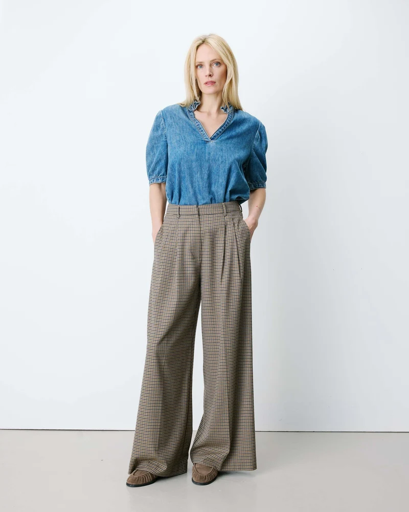 Pantalon tailleur ample pied-de-poule beige Ayen