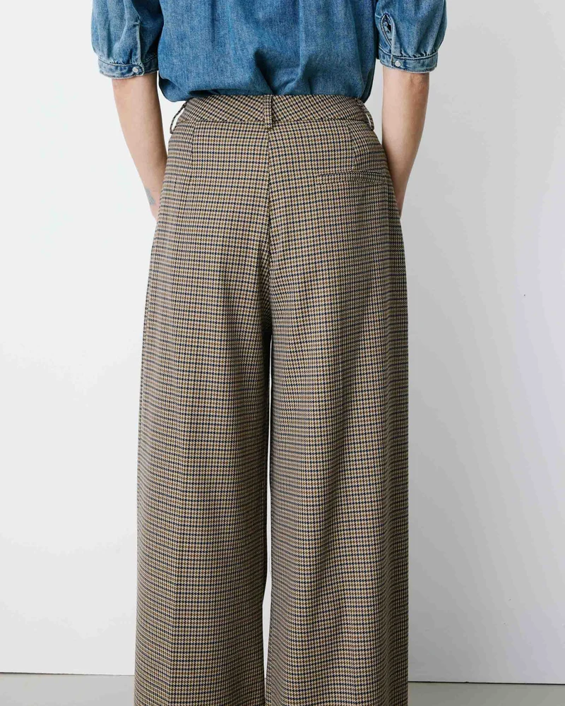 Pantalon tailleur ample pied-de-poule beige Ayen