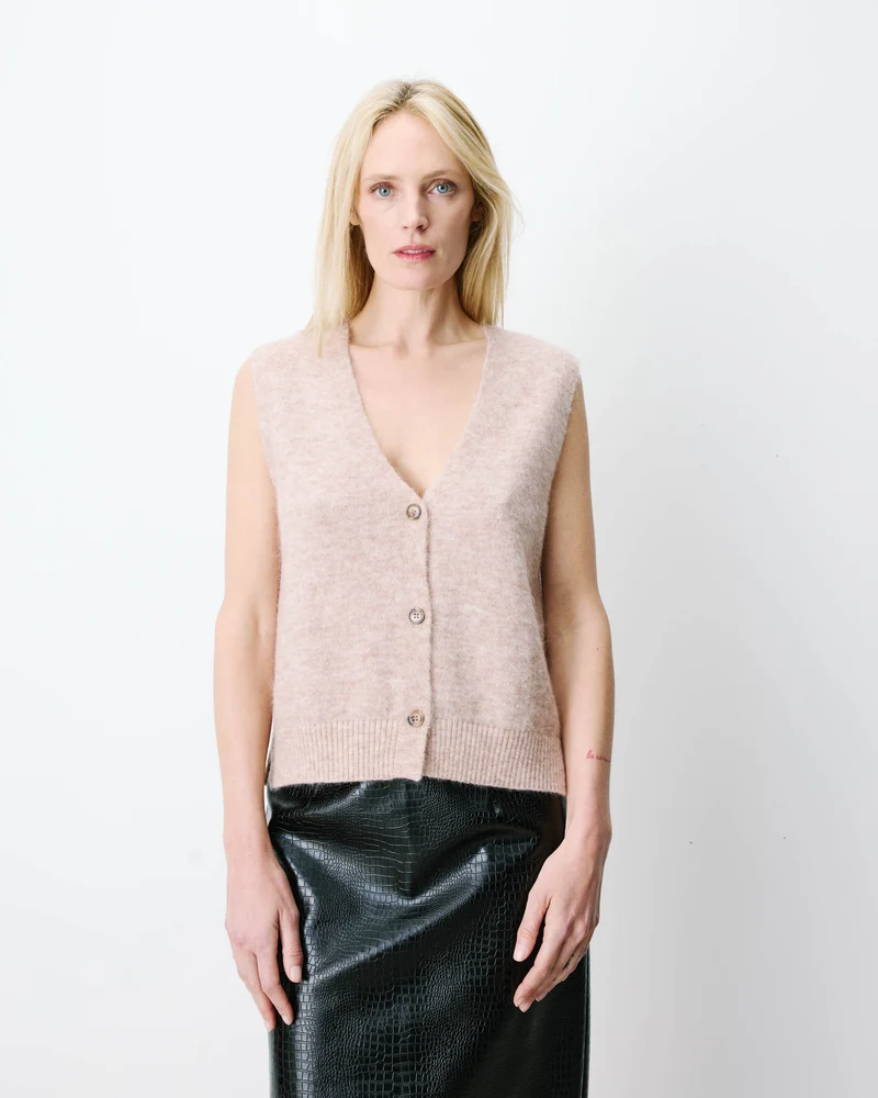 Cardigan sans manches boutonné col V beige Nars