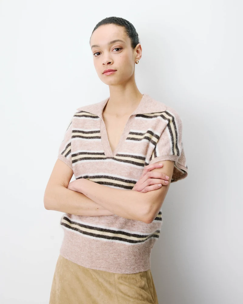 Pull rayé oversize col polo beige Aizen