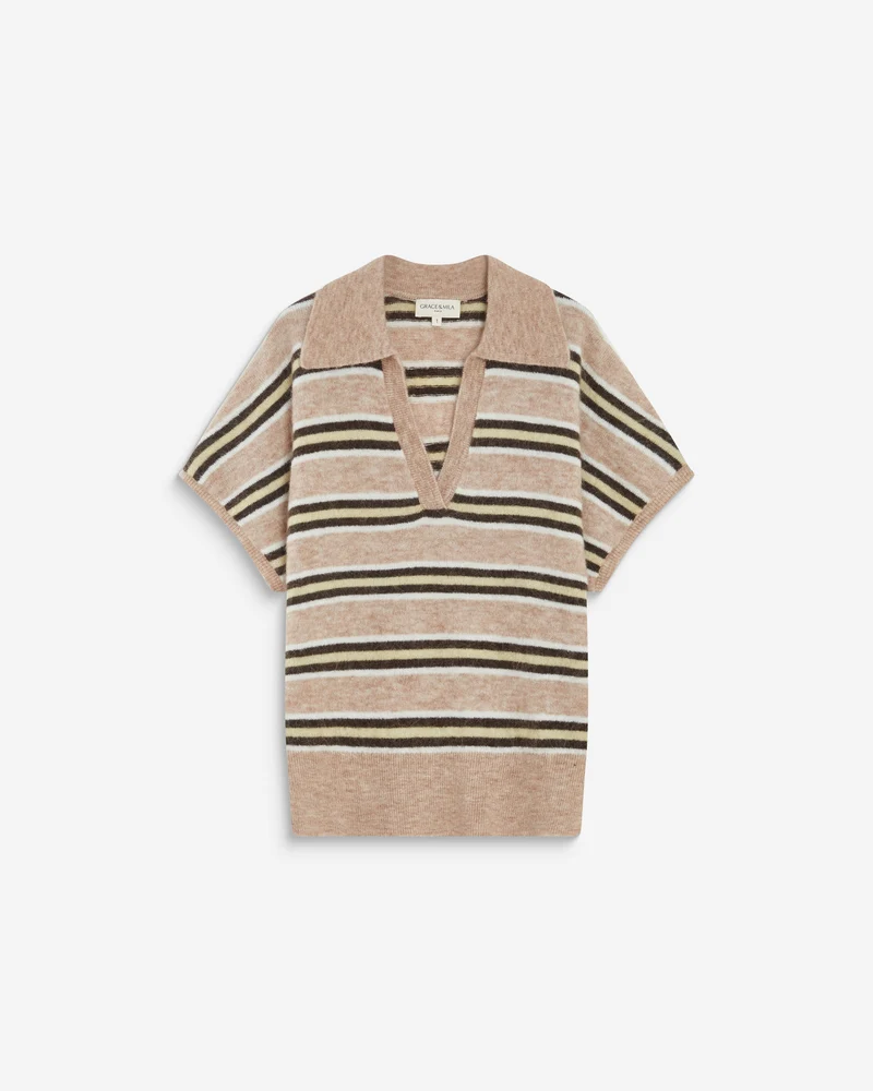 Pull rayé oversize col polo beige Aizen