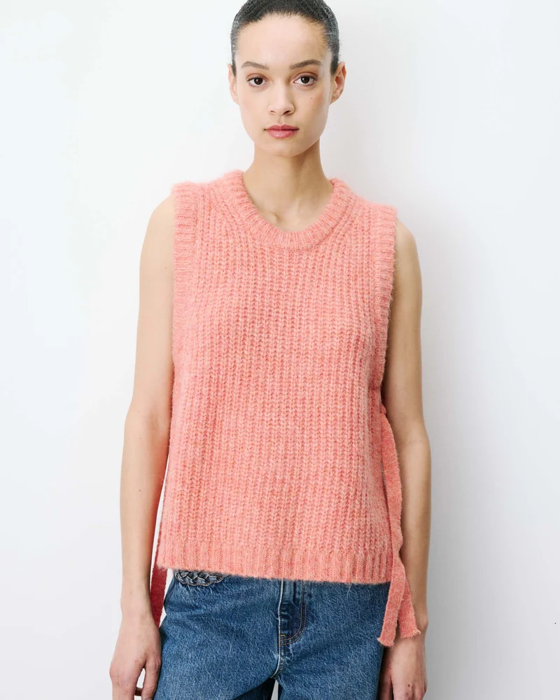 Pull sans manches en maille à nouer peche Argan