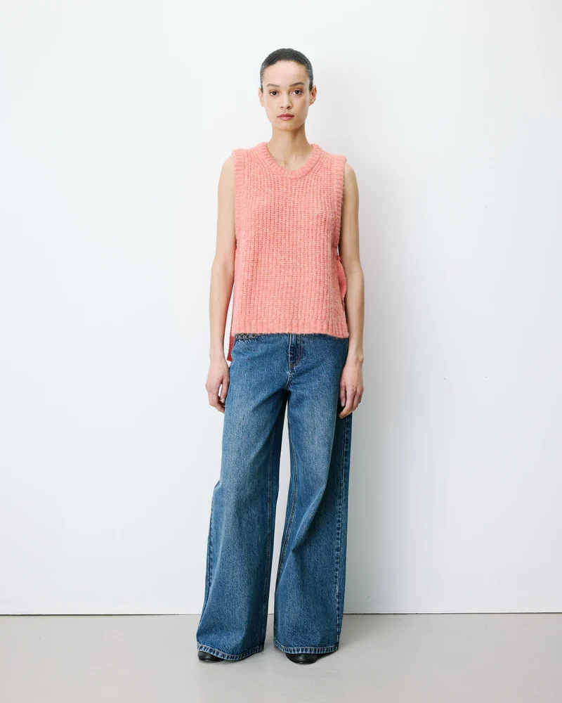 Pull sans manches en maille à nouer peche Argan