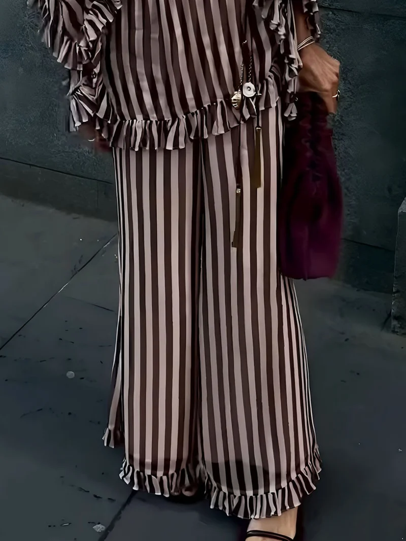 Classic Stripe Print Ruffle Paneled Elastic Waist Wide-Leg Pants