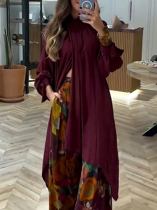 Elegant High-Neck Pleated Asymmetrical Long Blouse
