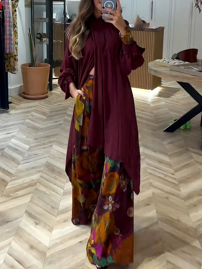 Elegant High-Neck Pleated Asymmetrical Long Blouse