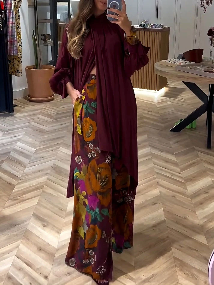 Elegant High-Neck Pleated Asymmetrical Long Blouse