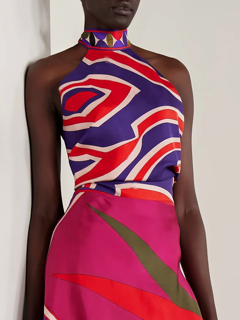 Unique Retro Abstract Print Vest Skirt Two-piece Set