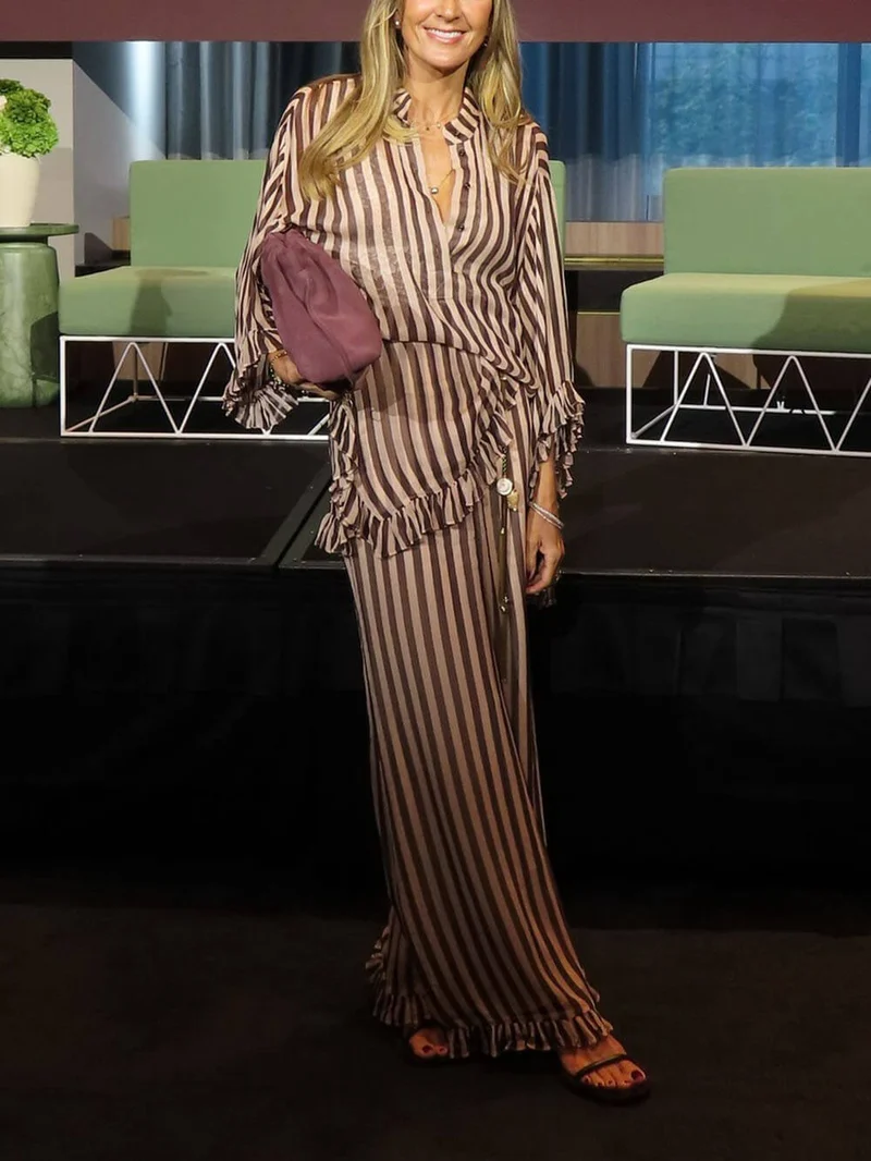 Classic Striped Ruffled V-Neck Loose Shirt
