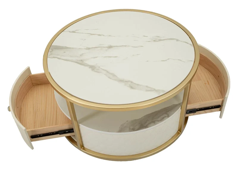 Table basse ronde avec piètement doré – Sharon Modern Design avec plateau en marbre