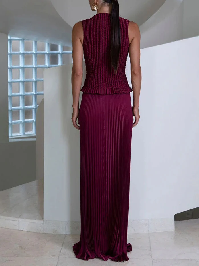 Elegant Sleeveless Pleated Vest Skirt Two-Piece Set
