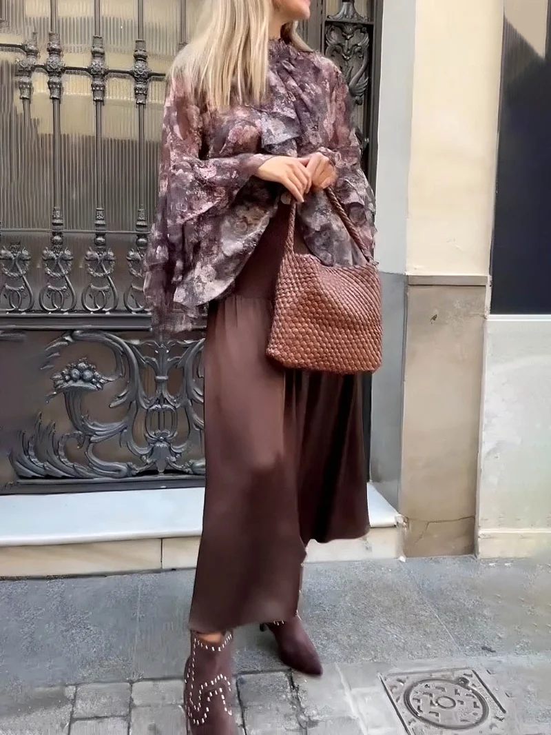 Elegant Floral Ruffled Chiffon Shirt And Skirt Two-piece Set