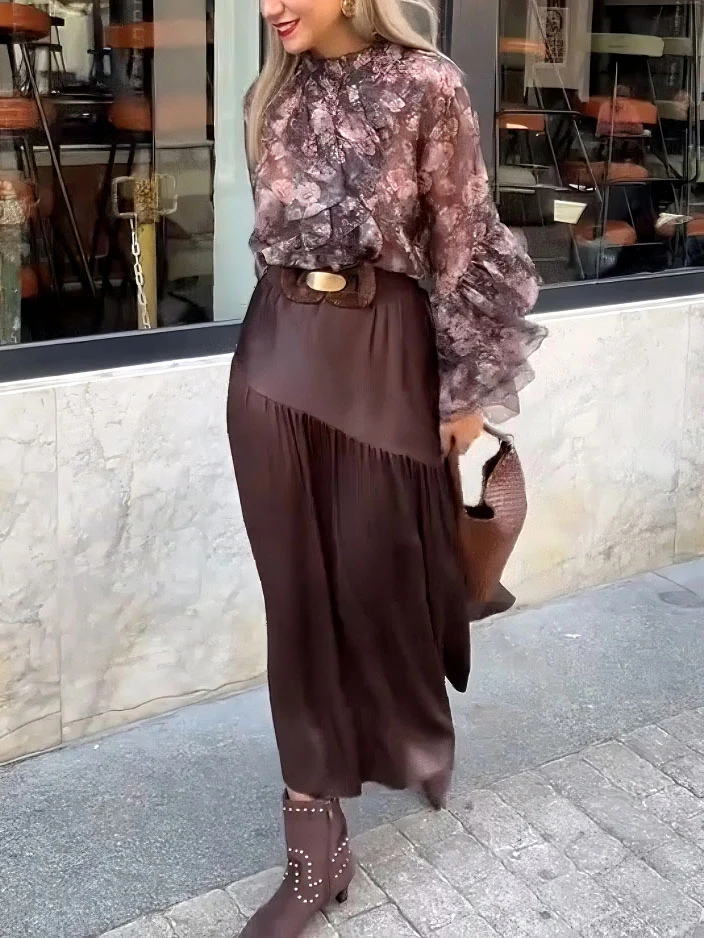 Elegant Floral Ruffled Chiffon Shirt And Skirt Two-piece Set