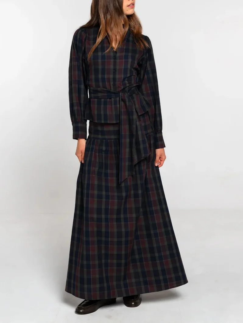 Retro Plaid Print Tie-belt Shirt
