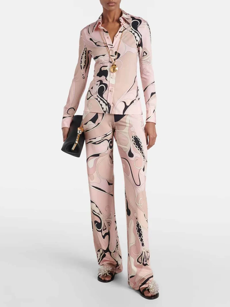 Unique Floral Print Fitted Button Shirt & Elastic Waist Straight-Leg Pants Set