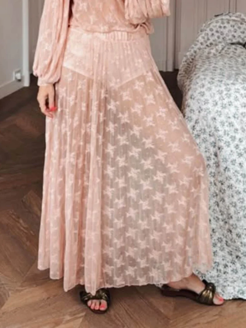 Elegant Mesh Ruffled Lace High-Neck Blouse & Elastic Waist Skirt Set