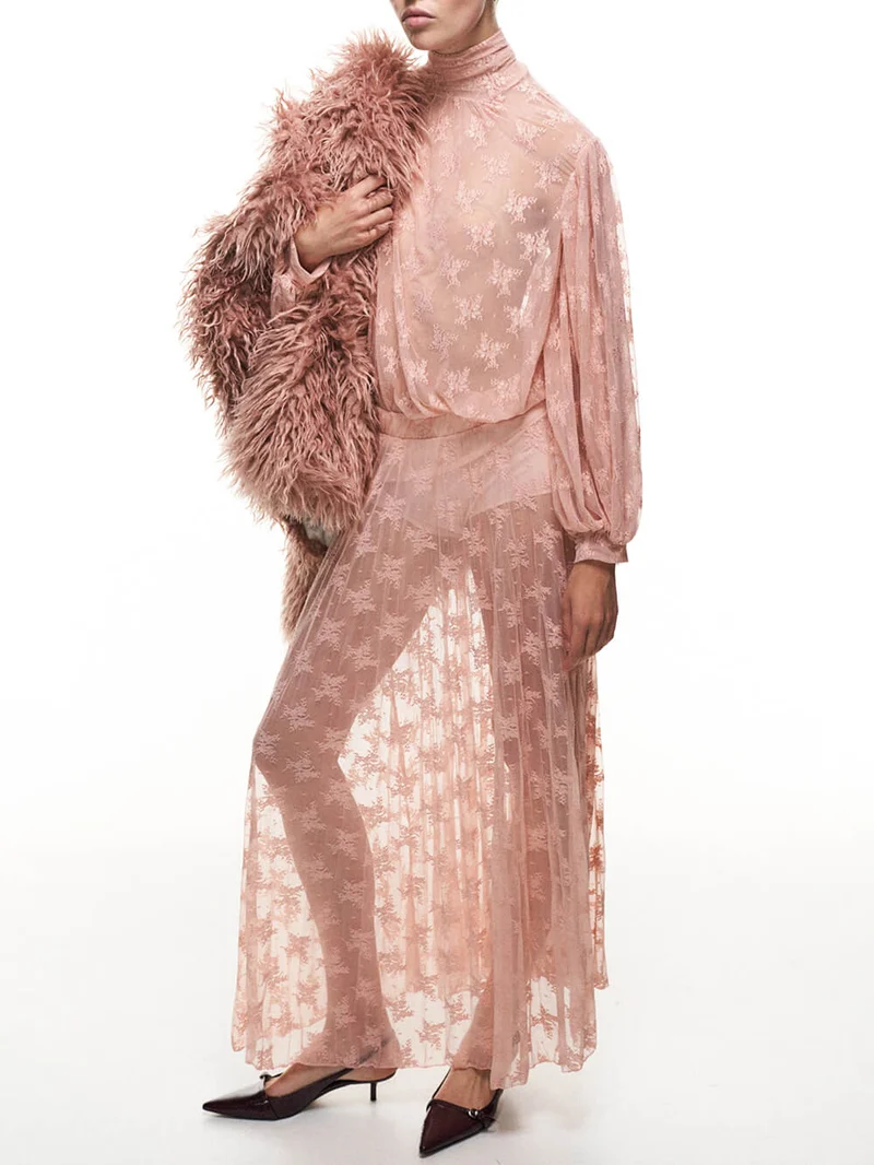 Elegant Mesh Ruffled Lace High-Neck Blouse & Elastic Waist Skirt Set