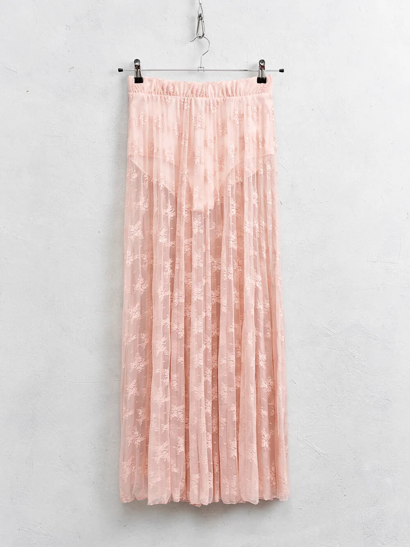 Elegant Mesh Ruffled Lace High-Neck Blouse & Elastic Waist Skirt Set
