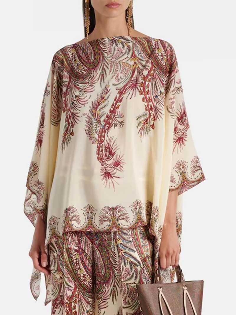 Exquisite Asymmetric Printed Satin Top & Elastic Waist Wide-Leg Pants Set