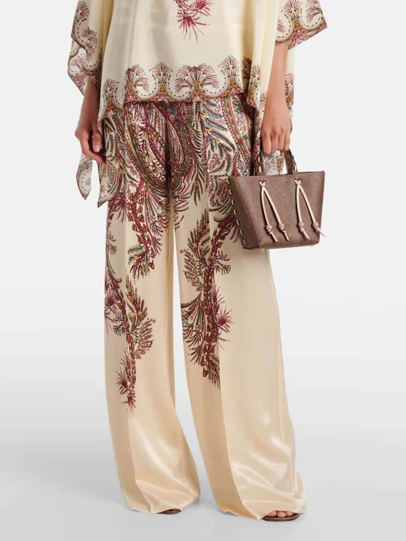 Exquisite Asymmetric Printed Satin Top & Elastic Waist Wide-Leg Pants Set