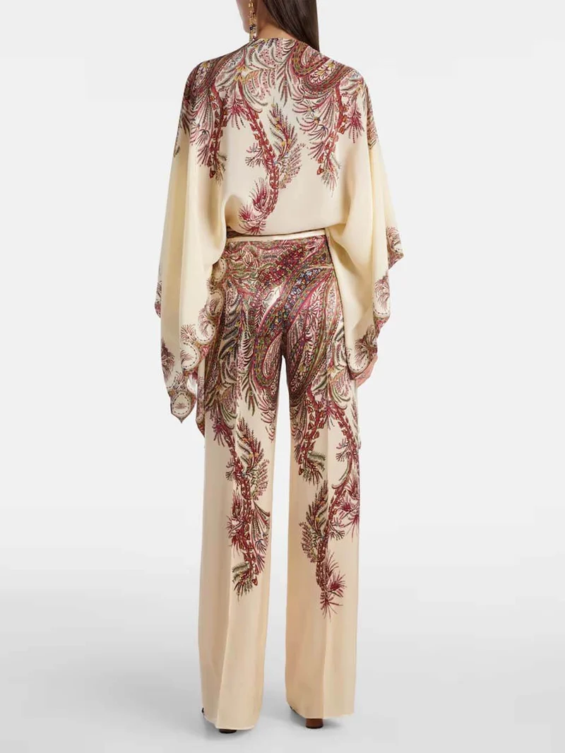 Exquisite Asymmetric Printed Satin Top & Elastic Waist Wide-Leg Pants Set
