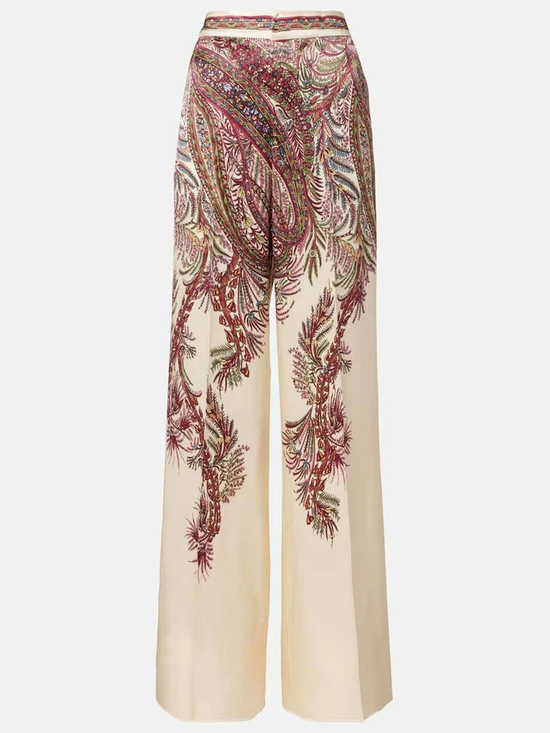 Exquisite Asymmetric Printed Satin Top & Elastic Waist Wide-Leg Pants Set
