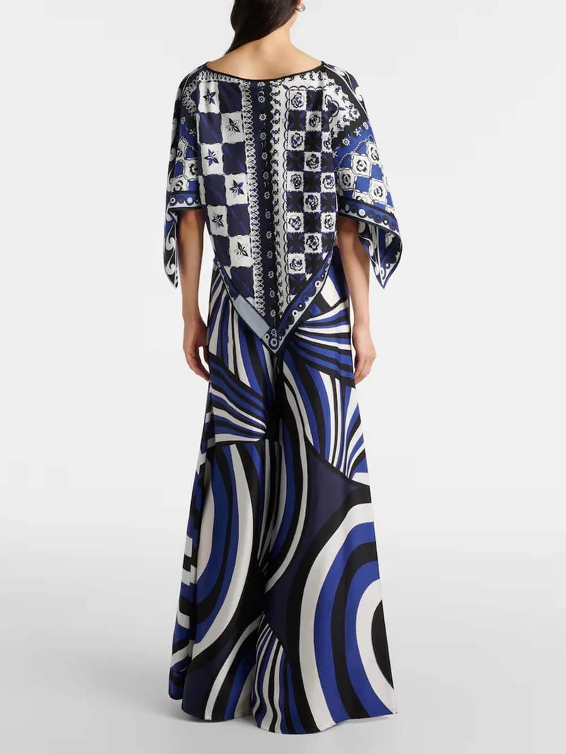 Unique Rainbow Print Satin Loose Top & Elastic Waist Wide-Leg Pants Set