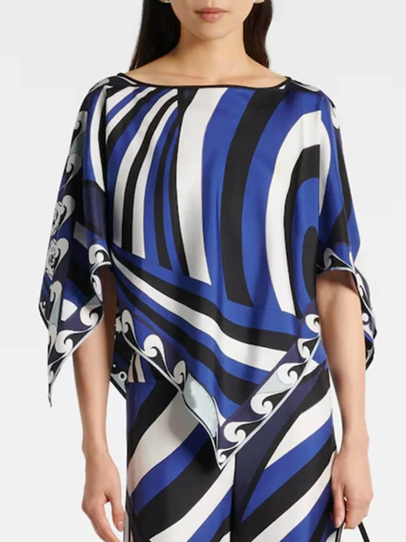 Unique Rainbow Print Satin Loose Top & Elastic Waist Wide-Leg Pants Set