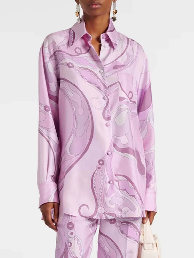 Exquisite Orchid Print Satin Twill Button Shirt & Straight-Leg Pants Set